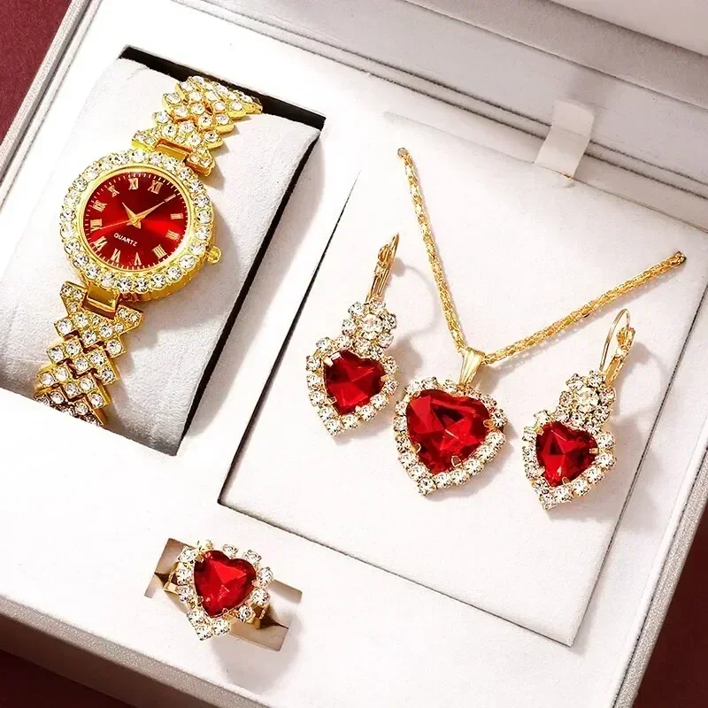 Jewelry Like Watches - Złoty Luksusowy Zegarek Damski Pierścionek Naszyjnik